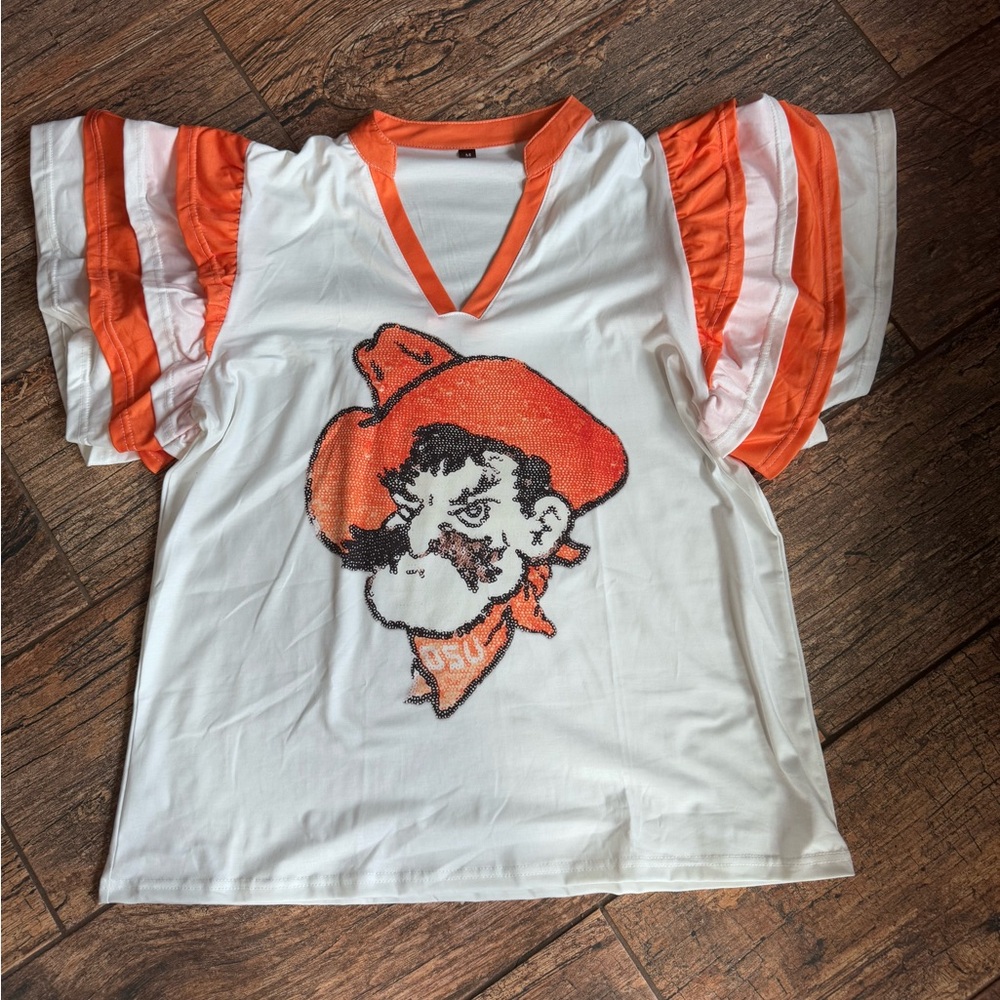 OSU Cowboys Faux Sequin Pistol Pete GameDay TopOrange White Ruffle Sleeve Size M